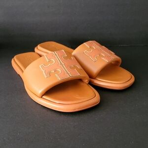 Tory Burch Doble-T Leather Slide Sandals 8.5
